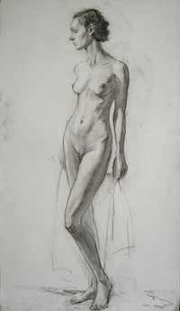 стоящая женская фигура, 130х80 см, бумага, уголь, ретушь, 2010г.