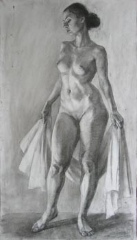 Стоящая женская фигура 130х80 см, бумага, уголь, ретушь, 2010г.