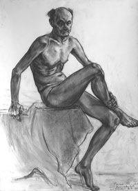 Сидящая мужская фигура 120х80 см, бумага, уголь, ретушь, 2012г.